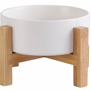 Elevated Ceramic small pet food bowl with bamboo stand